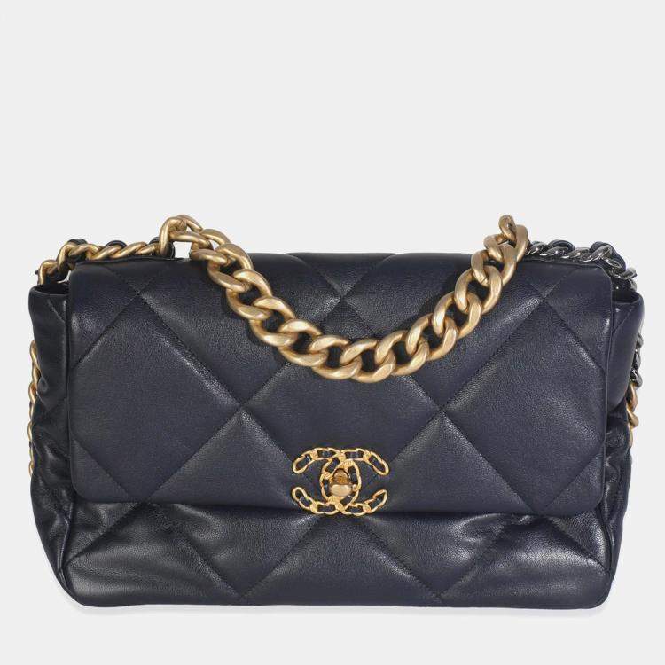 Pre Owned Chanel Navy Quilted Lambskin Medium Chanel 19 Flap Bag