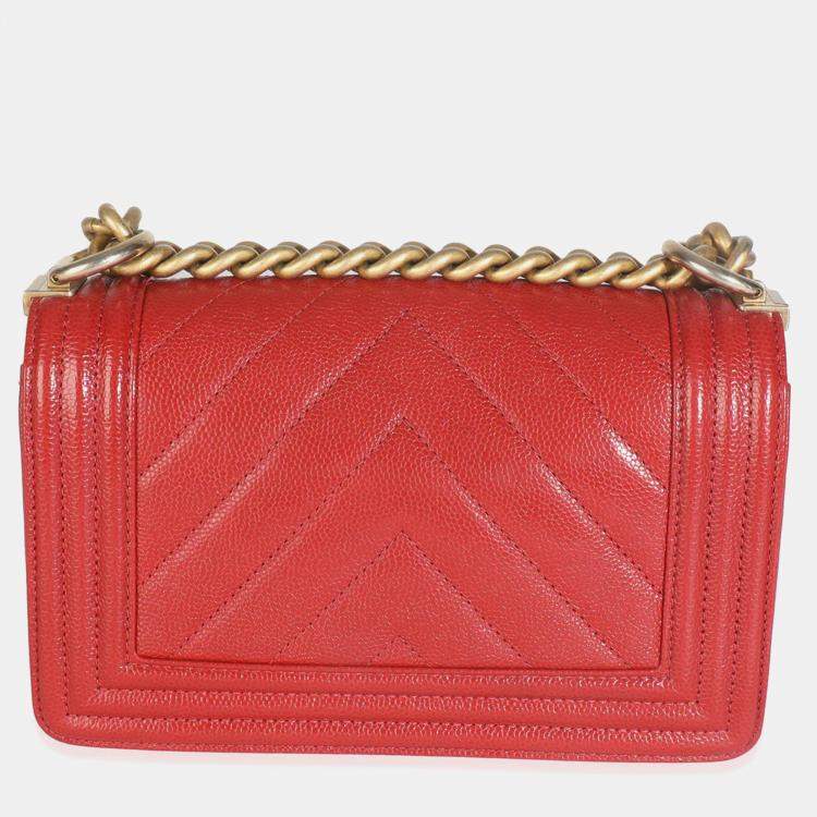 Pre Owned Chanel Red Quilted Caviar Chevron Small Boy Handbag