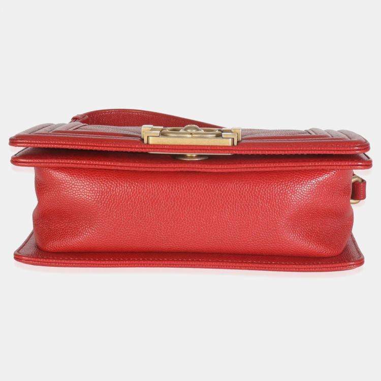 Pre Owned Chanel Red Quilted Caviar Chevron Small Boy Handbag