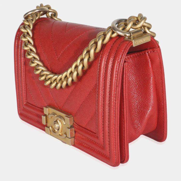 Pre Owned Chanel Red Quilted Caviar Chevron Small Boy Handbag