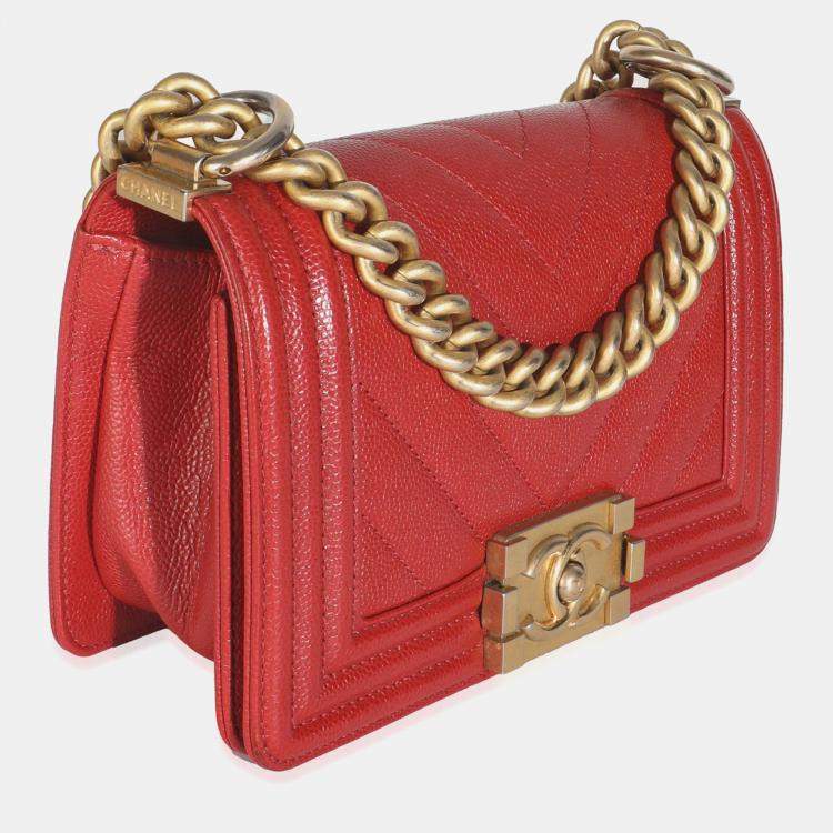 Pre Owned Chanel Red Quilted Caviar Chevron Small Boy Handbag