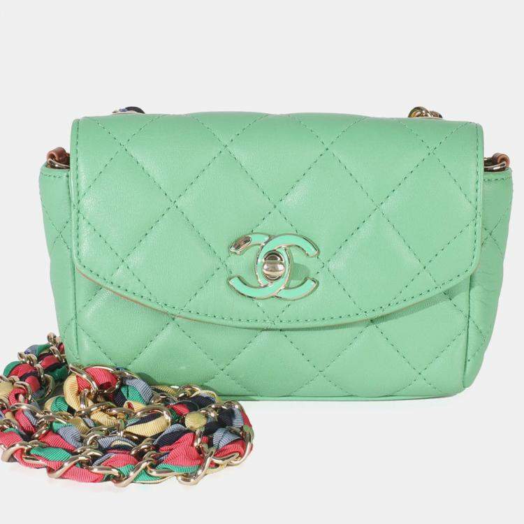 Pre Owned Chanel Green Quilted Lambskin Ribbon Chain Mini Flap Bag