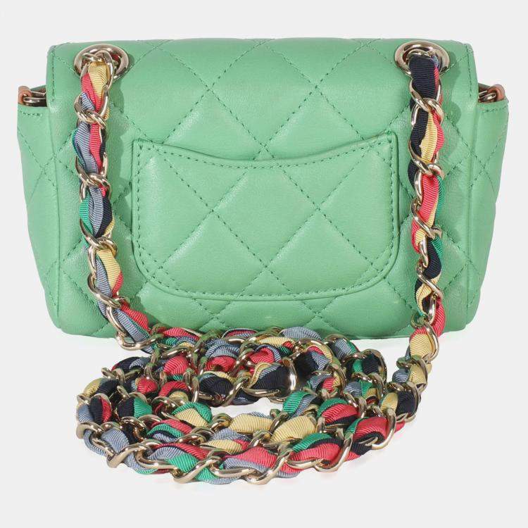 Pre Owned Chanel Green Quilted Lambskin Ribbon Chain Mini Flap Bag