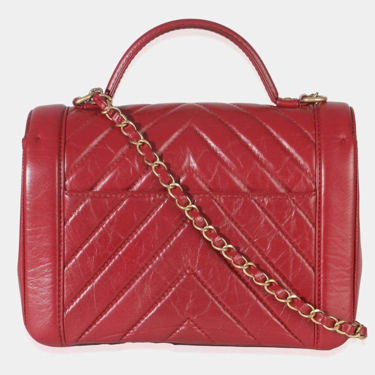 Pre Owned Chanel Red Chevron Calfskin Top Handle Flap Bag
