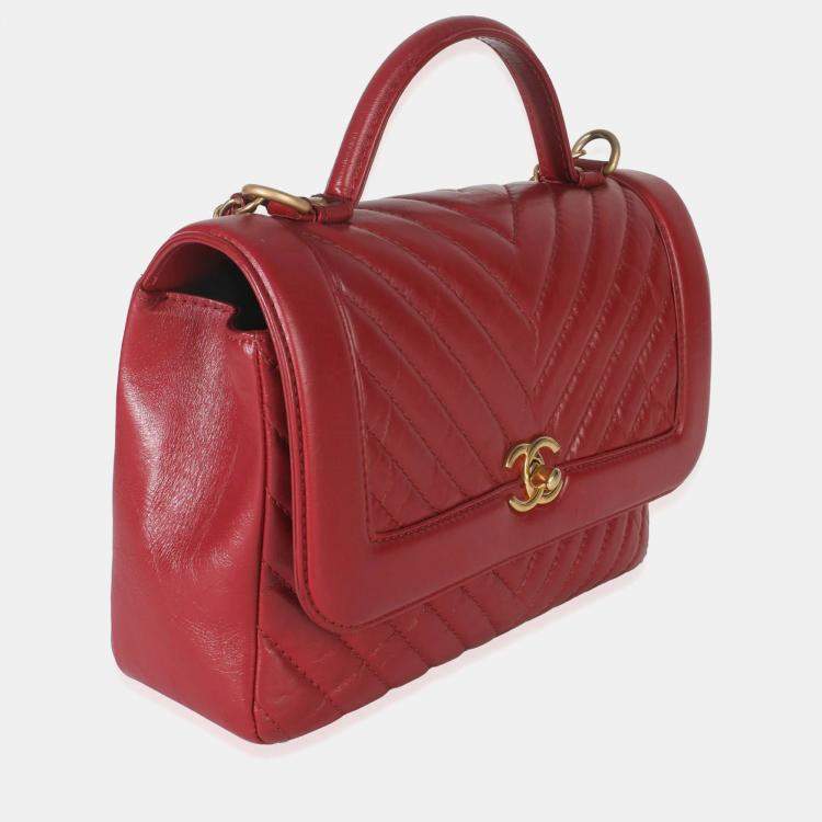 Pre Owned Chanel Red Chevron Calfskin Top Handle Flap Bag