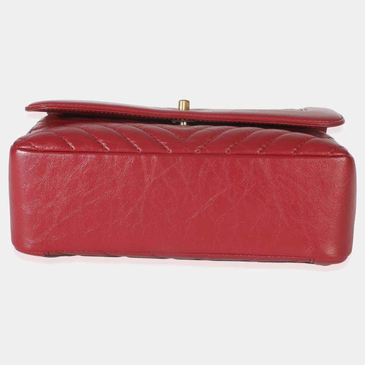 Pre Owned Chanel Red Chevron Calfskin Top Handle Flap Bag