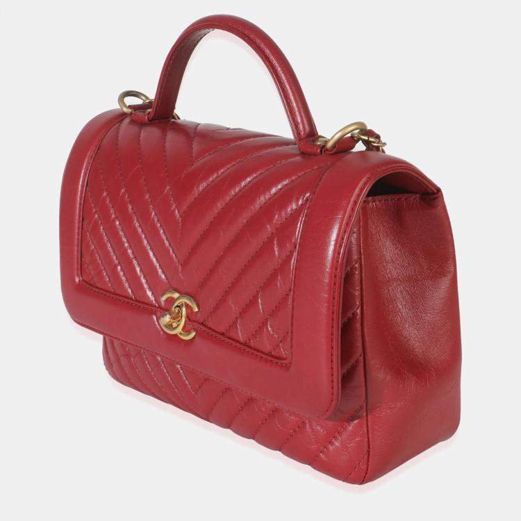 Pre Owned Chanel Red Chevron Calfskin Top Handle Flap Bag