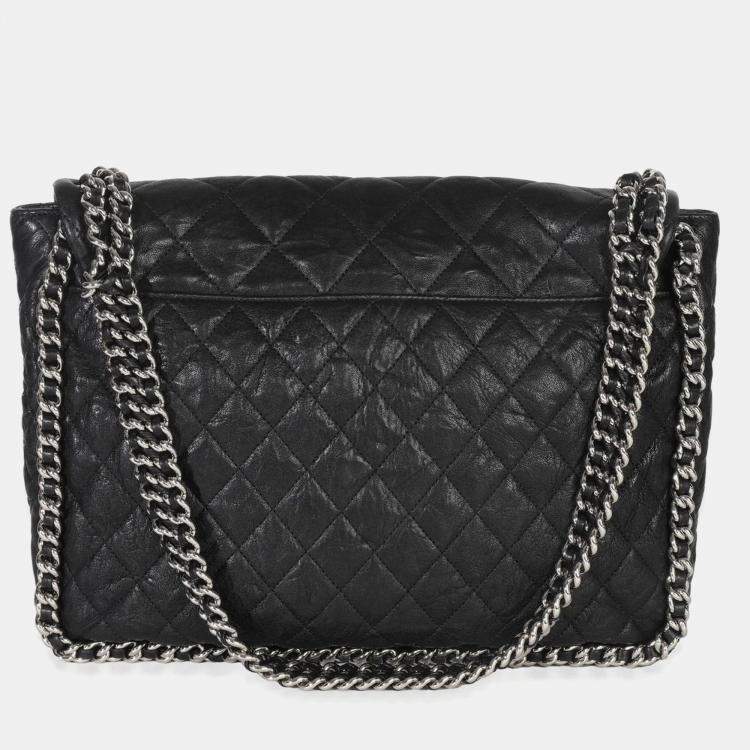 Pre Owned Chanel Black Quilted Washed Lambskin Chain Around Maxi Flap Bag