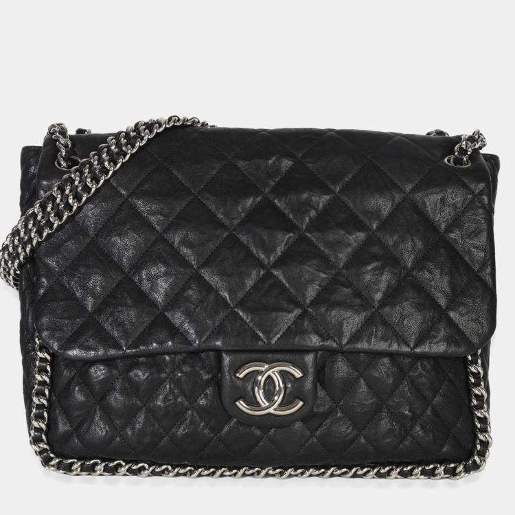 Pre Owned Chanel Black Quilted Washed Lambskin Chain Around Maxi Flap Bag