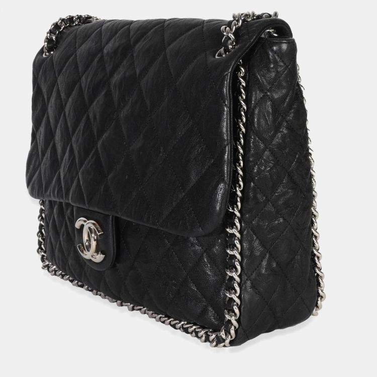 Pre Owned Chanel Black Quilted Washed Lambskin Chain Around Maxi Flap Bag