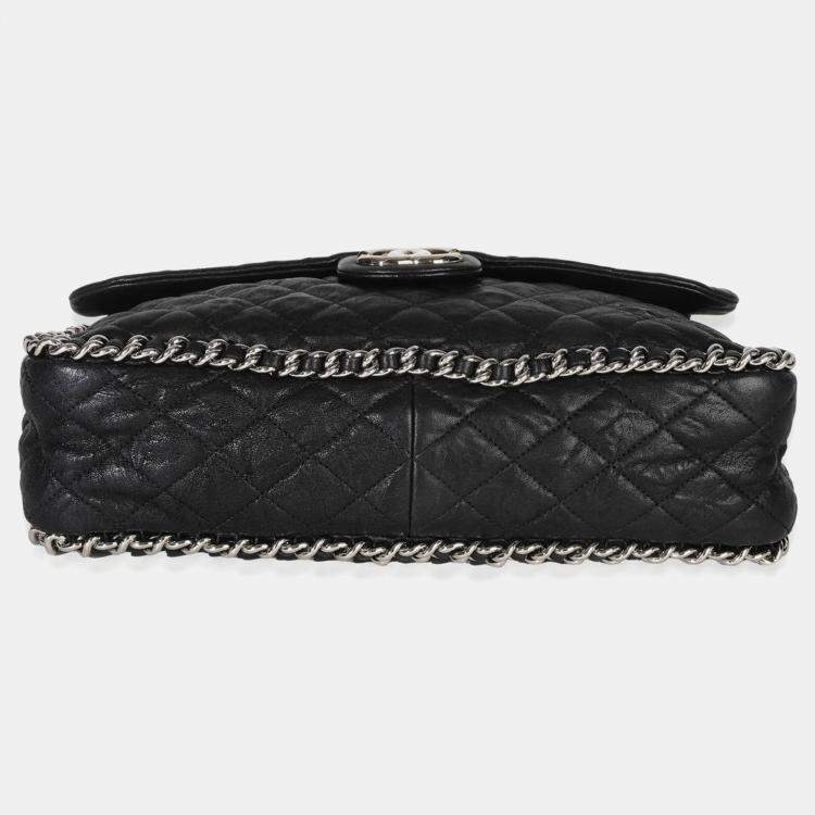 Pre Owned Chanel Black Quilted Washed Lambskin Chain Around Maxi Flap Bag