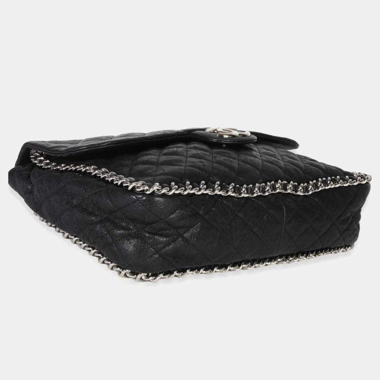 Pre Owned Chanel Black Quilted Washed Lambskin Chain Around Maxi Flap Bag