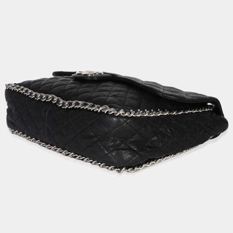 Pre Owned Chanel Black Quilted Washed Lambskin Chain Around Maxi Flap Bag
