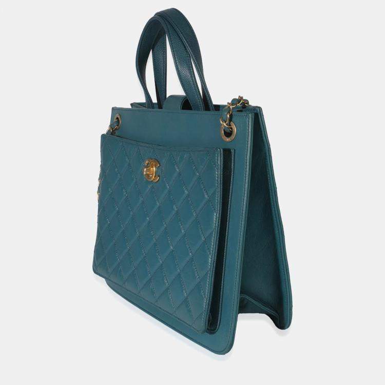 Pre Owned Chanel Teal Quilted Calfskin Large Business Affinity Shopping Bag