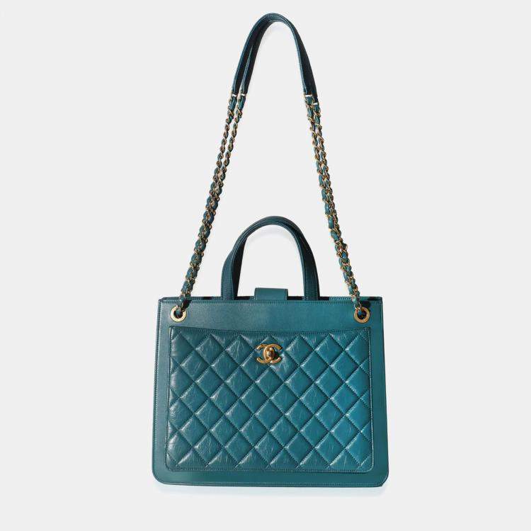 Pre Owned Chanel Teal Quilted Calfskin Large Business Affinity Shopping Bag