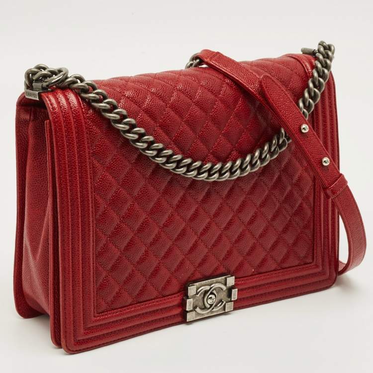 Pre Owned Chanel Boy Large Red Quilted Caviar Leather Flap Bag