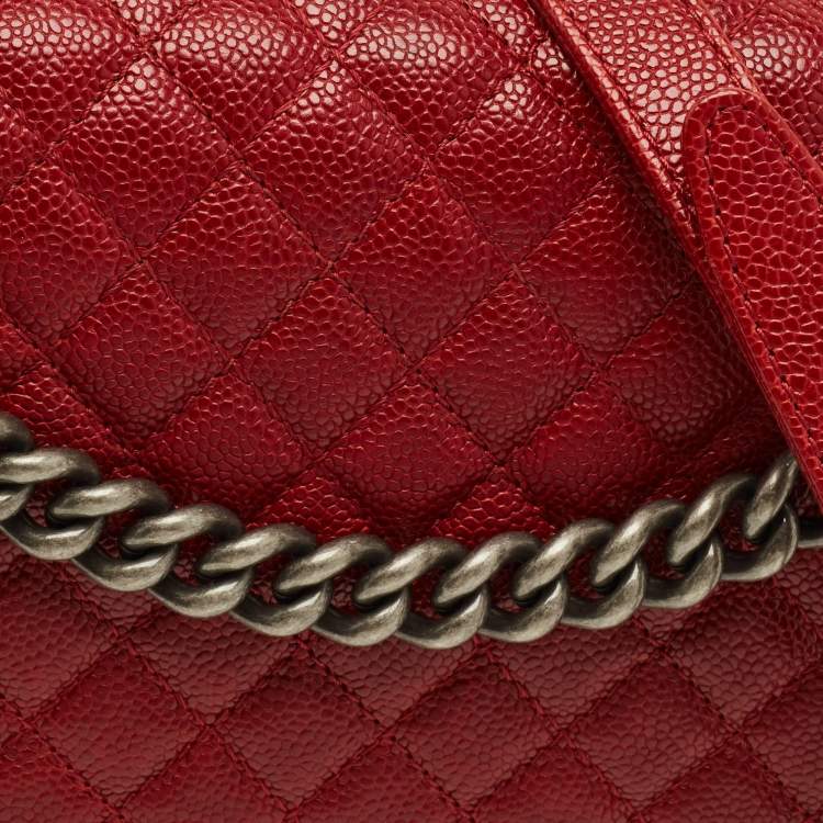 Pre Owned Chanel Boy Large Red Quilted Caviar Leather Flap Bag