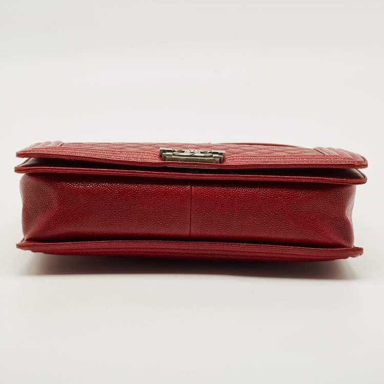 Pre Owned Chanel Boy Large Red Quilted Caviar Leather Flap Bag