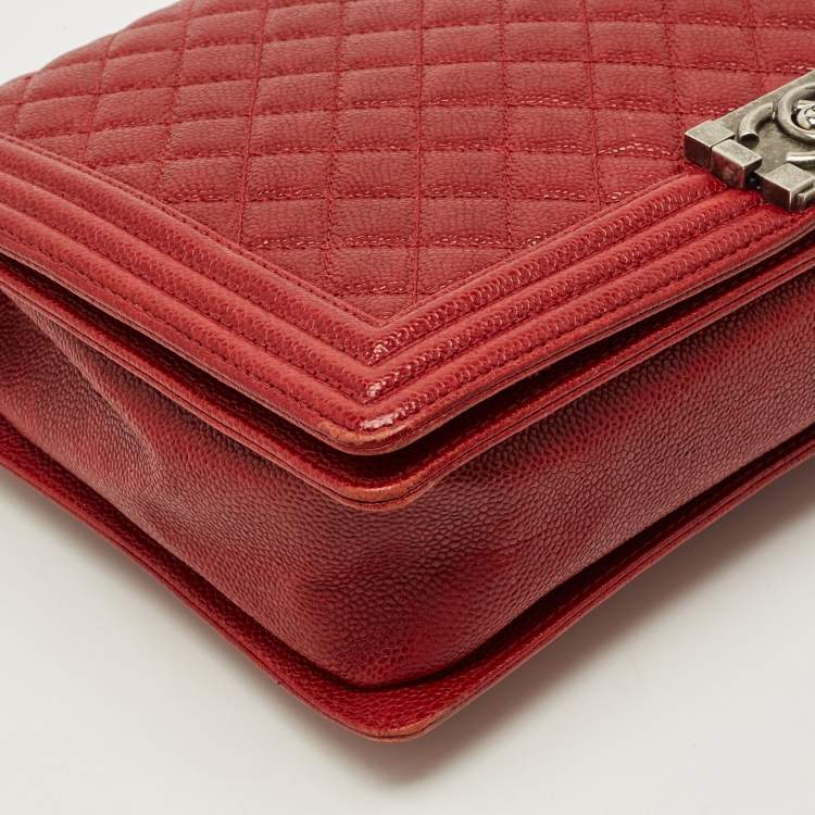 Pre Owned Chanel Boy Large Red Quilted Caviar Leather Flap Bag
