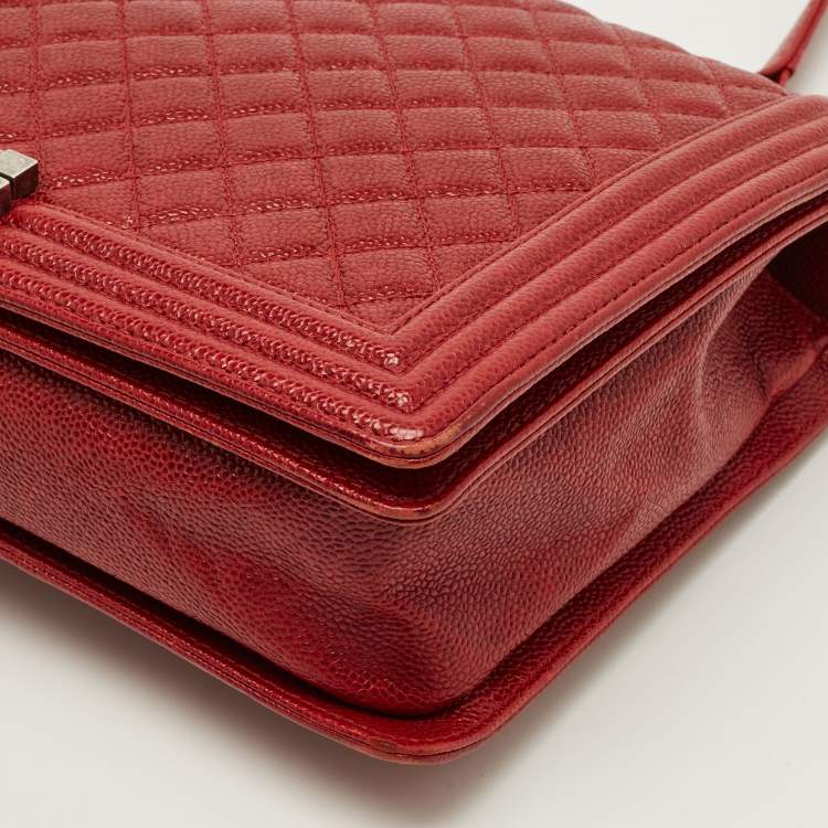 Pre Owned Chanel Boy Large Red Quilted Caviar Leather Flap Bag