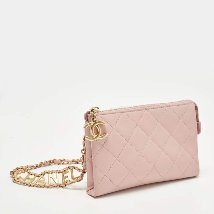 Pre Owned Chanel Logo Strap Pink Quilted Leather Belt Bag