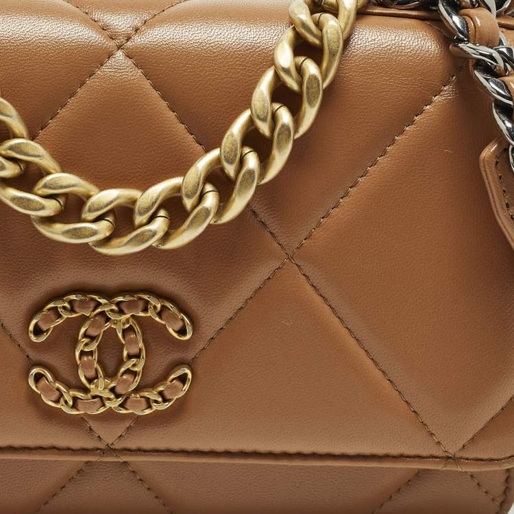 Pre Owned Chanel 19 Brown Quilted Leather Wallet On Chain