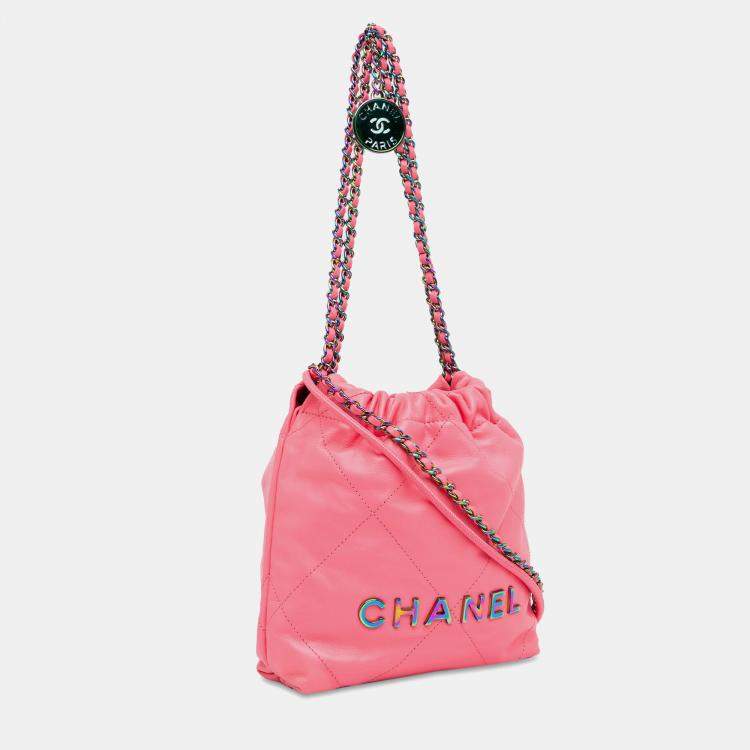Pre Owned Chanel Pink Mini Shiny Calfskin Rainbow Hardware 22 Handbag