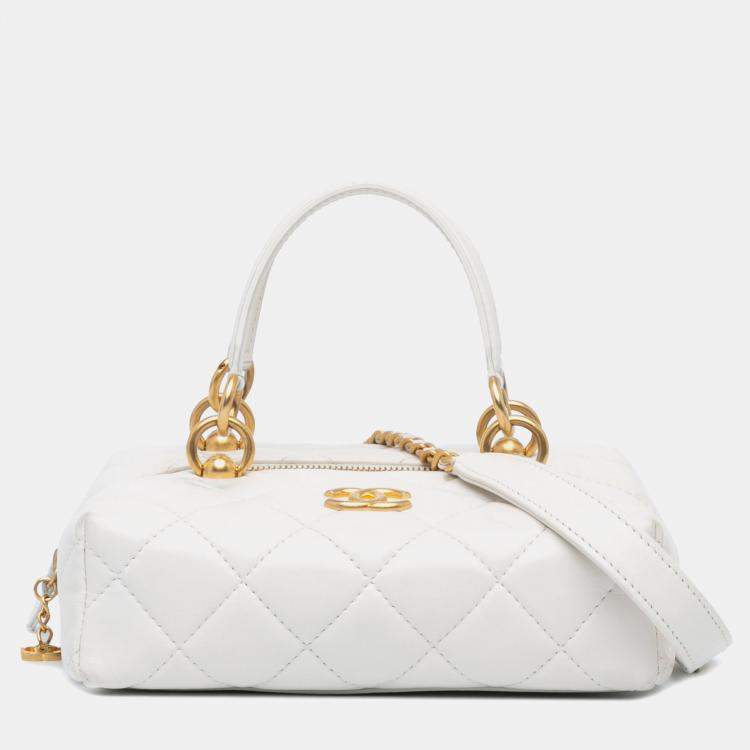 Pre Owned Chanel White Métiers d'Art CC Quilted Lambskin Box with Top Handle Bag