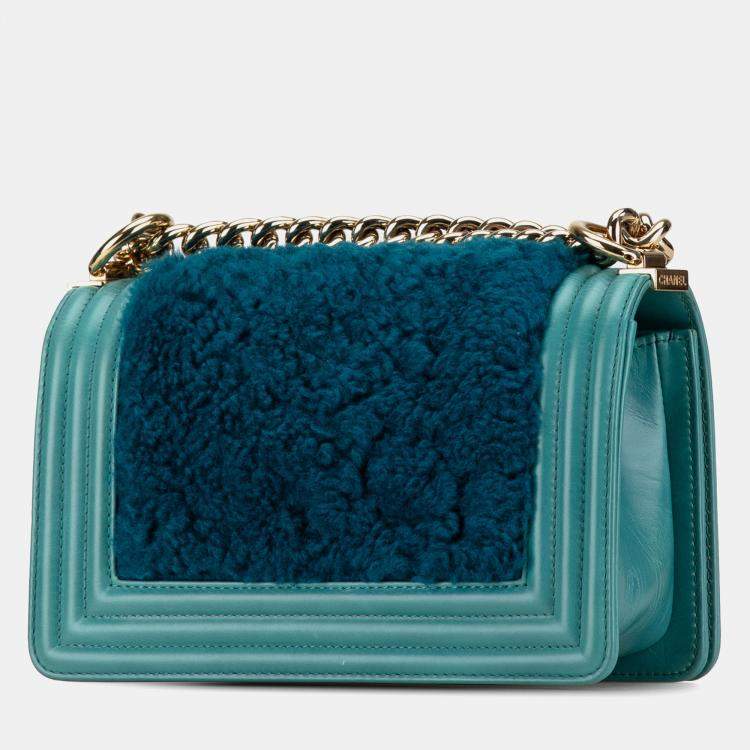 Pre Owned Chanel Blue Small Shearling Boy Flap