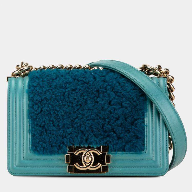 Pre Owned Chanel Blue Small Shearling Boy Flap