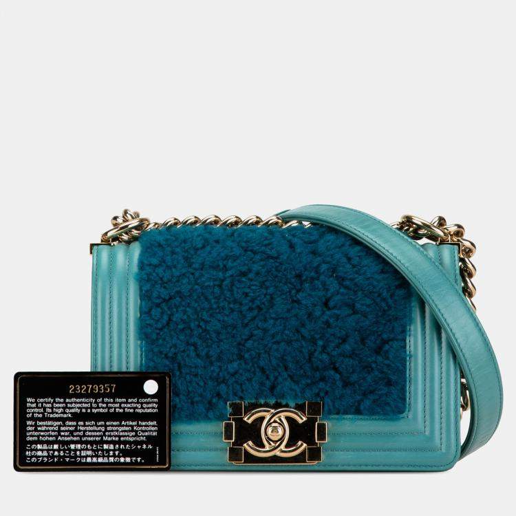 Pre Owned Chanel Blue Small Shearling Boy Flap