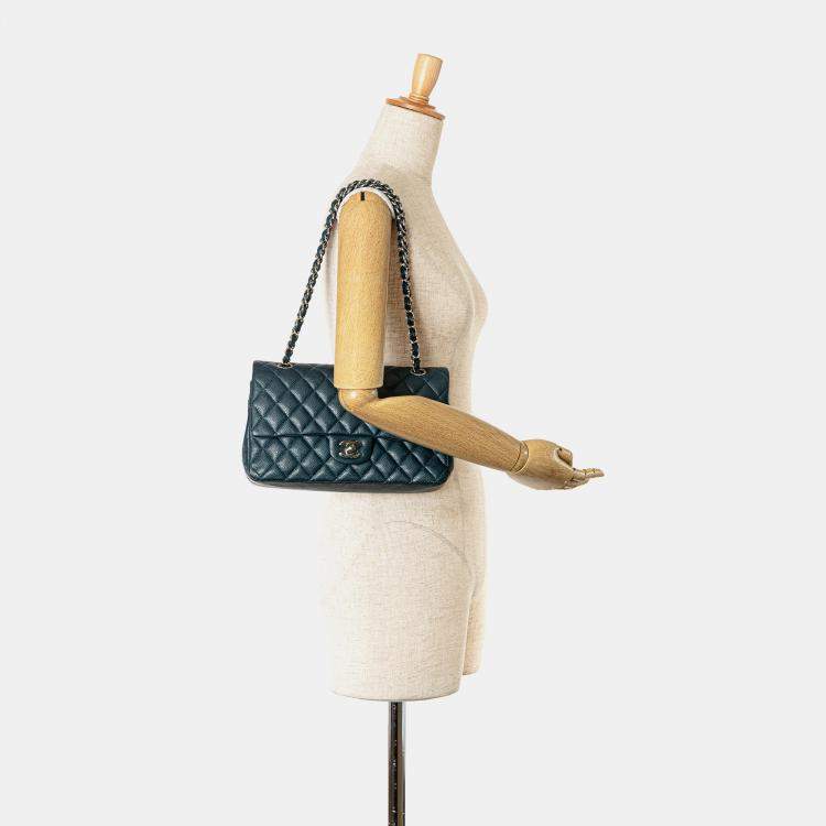Pre Owned Chanel Blue Medium Classic Caviar Double Flap