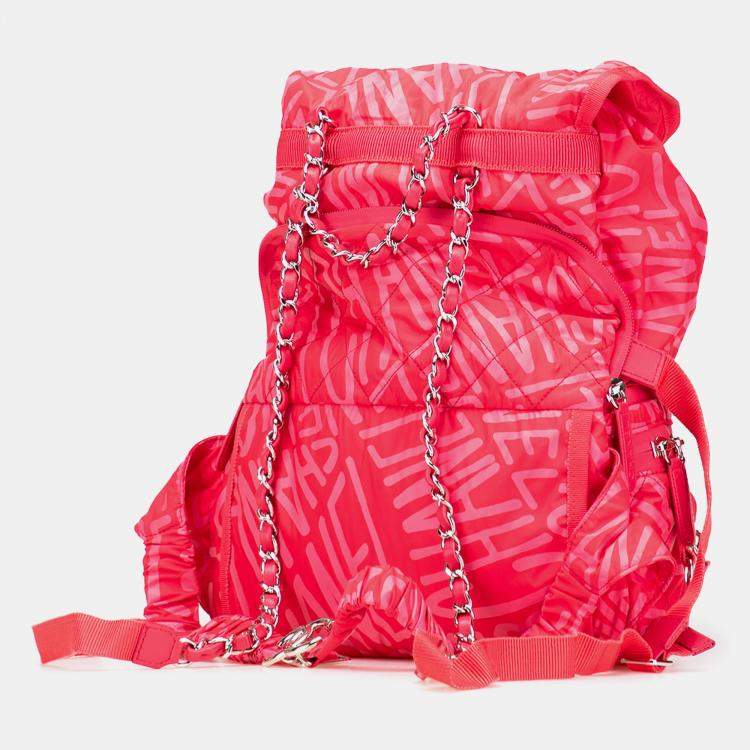 Pre Owned Chanel Pink Printed Nylon Coco Neige Convertible Backpack