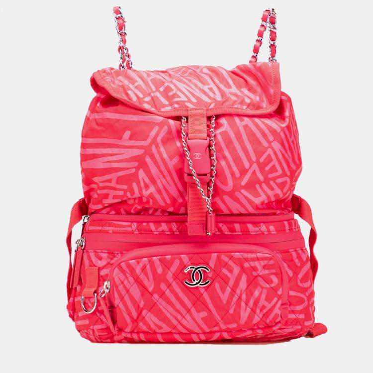 Pre Owned Chanel Pink Printed Nylon Coco Neige Convertible Backpack