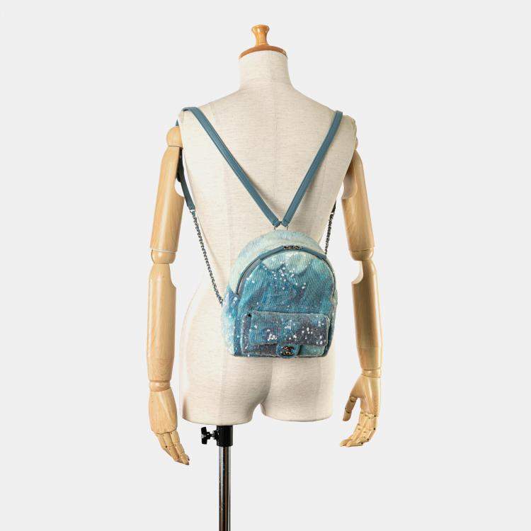 Pre Owned Chanel Blue Mini Sequins and Lambskin Waterfall Backpack