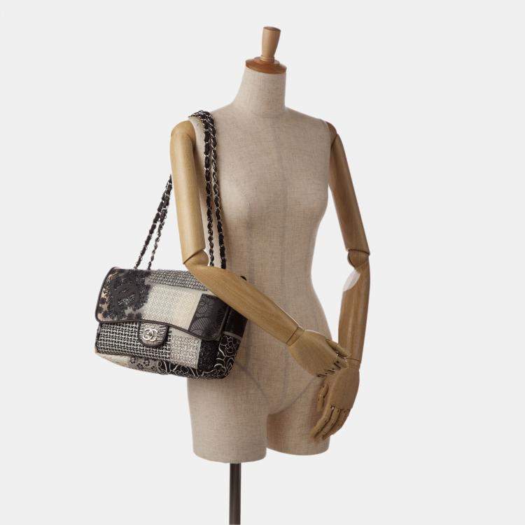 Pre Owned Chanel White Jumbo PVC and Tweed Patchwork Single Flap