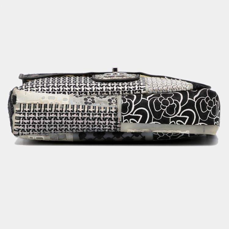Pre Owned Chanel White Jumbo PVC and Tweed Patchwork Single Flap