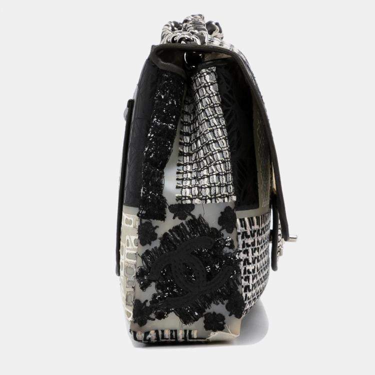 Pre Owned Chanel White Jumbo PVC and Tweed Patchwork Single Flap
