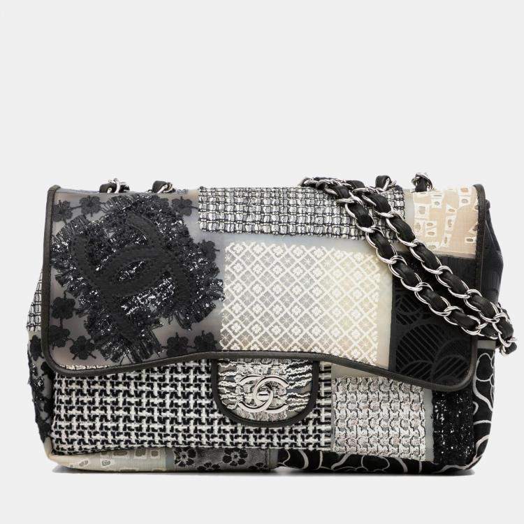 Pre Owned Chanel White Jumbo PVC and Tweed Patchwork Single Flap