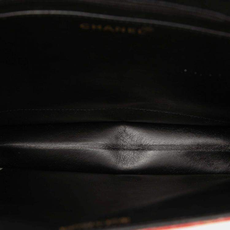 Pre Owned Chanel Red Chocolate Bar Patent Tweed Print Tote