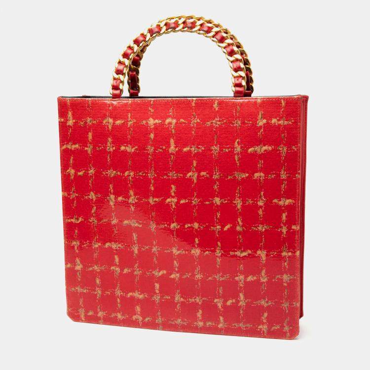 Pre Owned Chanel Red Chocolate Bar Patent Tweed Print Tote