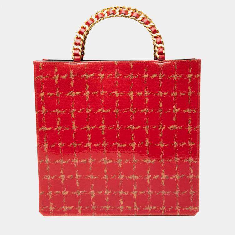Pre Owned Chanel Red Chocolate Bar Patent Tweed Print Tote