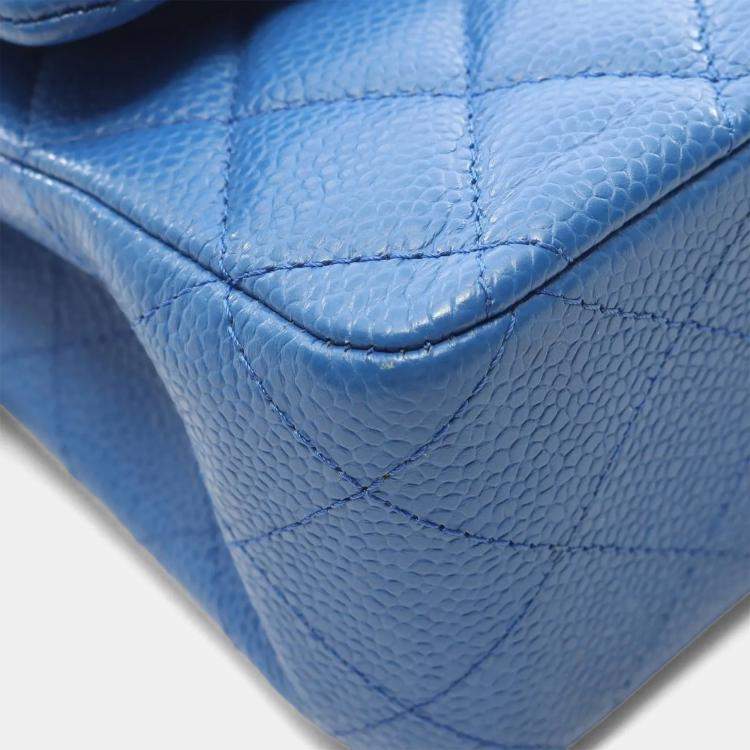 Pre Owned Chanel Classic Double Flap Medium Blue Leather Shoulder Bag