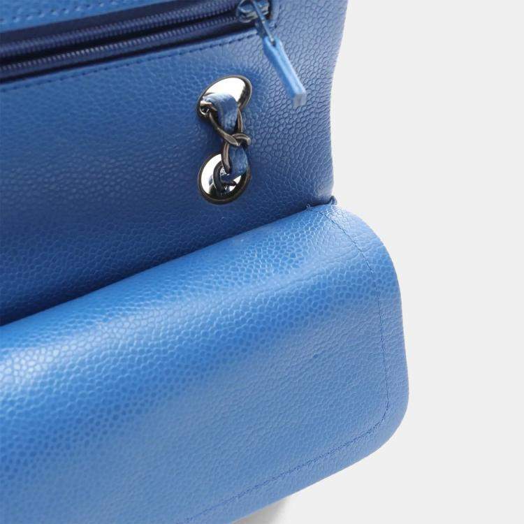 Pre Owned Chanel Classic Double Flap Medium Blue Leather Shoulder Bag
