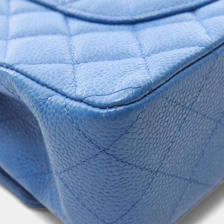 Pre Owned Chanel Classic Double Flap Medium Blue Leather Shoulder Bag