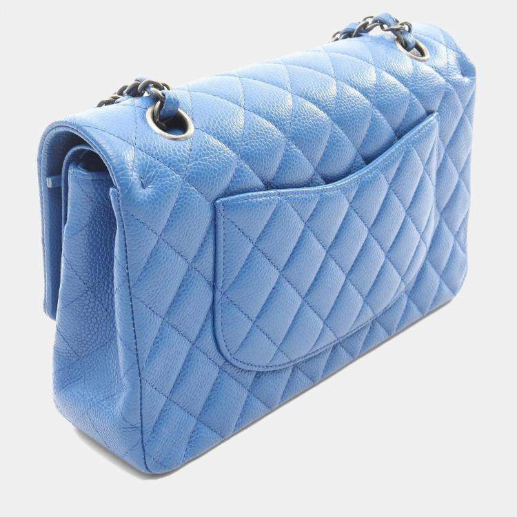 Pre Owned Chanel Classic Double Flap Medium Blue Leather Shoulder Bag