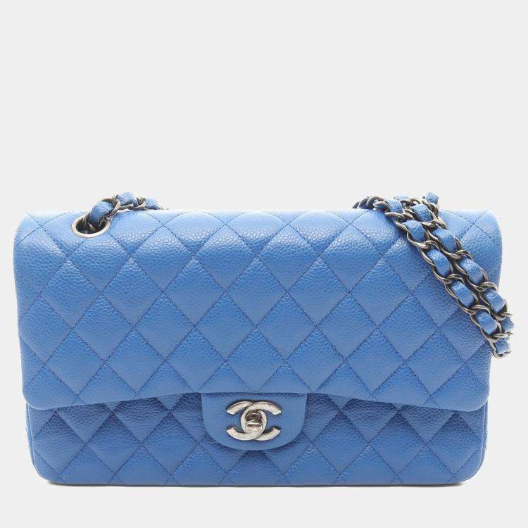 Pre Owned Chanel Classic Double Flap Medium Blue Leather Shoulder Bag