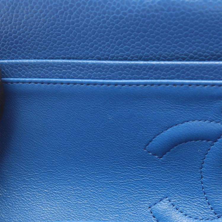 Pre Owned Chanel Classic Double Flap Medium Blue Leather Shoulder Bag