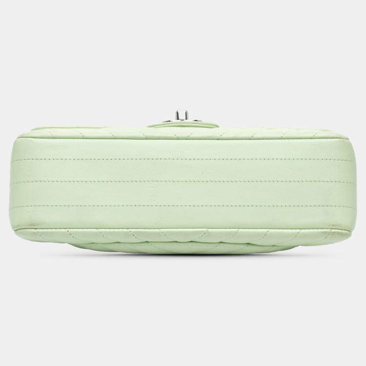 Pre Owned Chanel Green Small Classic Chevron Lambskin Double Flap