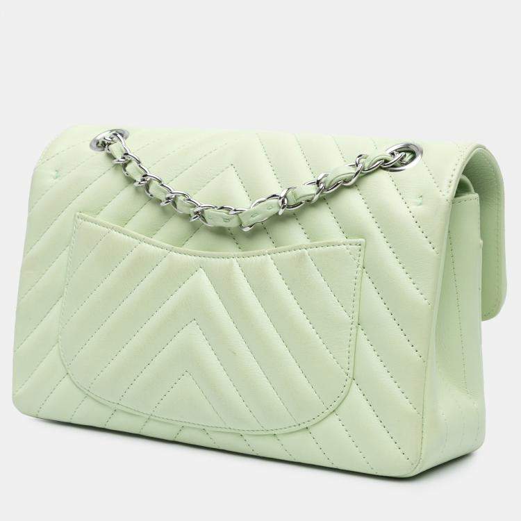 Pre Owned Chanel Green Small Classic Chevron Lambskin Double Flap